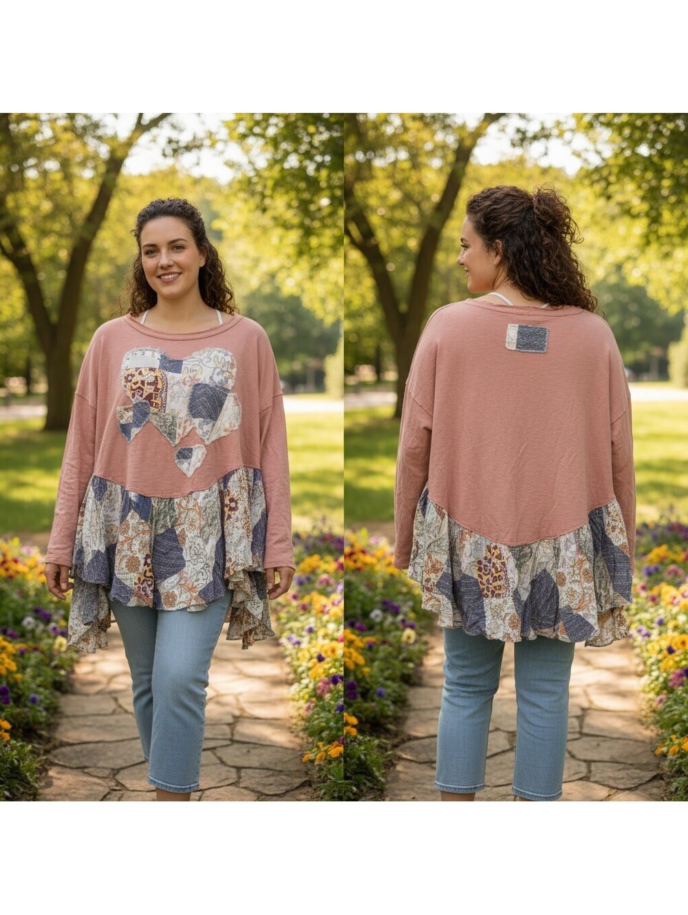 1770 - Blue Velvet Coral Patchwork Long Sleeve Top XL - NWT